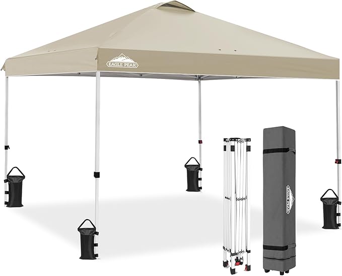 EAGLE PEAK Pop Up Canopy Tent with Wheeled Carry Bag, 8 Stakes, 4 Ropes, 4 Weight Bags, Easy Set Up