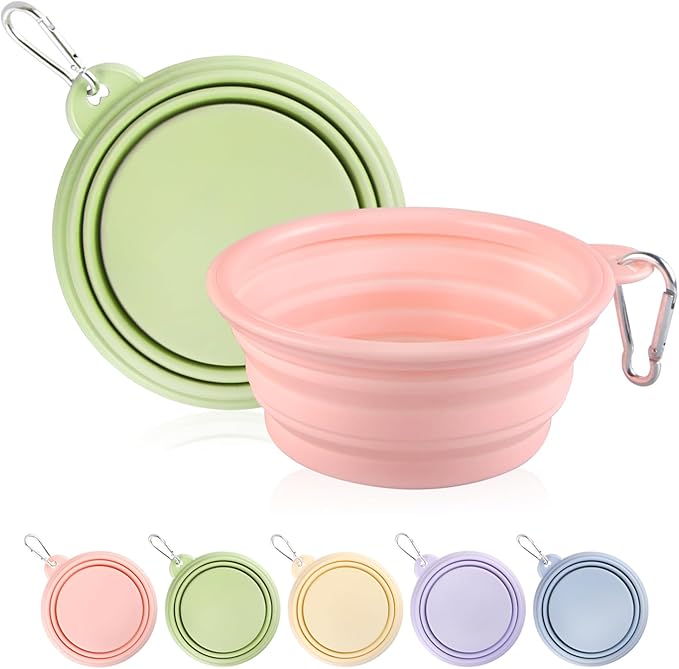 Collapsible Dog Bowls 2-Pack, Portable Travel Dog Bowl with Carabiner, Food-Grade Silicone Pet Bowl