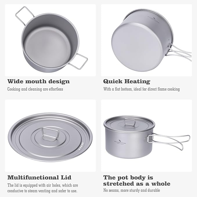 Boundless Voyage Titanium Pot Portable Camping Cookware Lightweight Cooking Pot Set for Outdoor