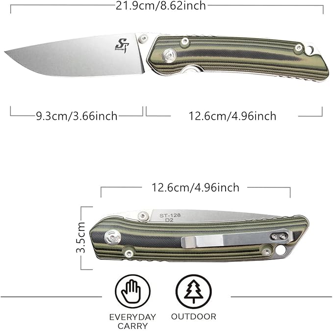 Sitivien ST128 Folding Knife,D2 Blade G10 Handle Safety Liner Lock EDC Tool Knife for Outdoor