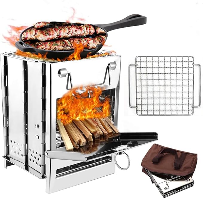 Camping Wood Burning Stove with Grill, Collapsible Backpacking Survival Rocket Stove Stainless