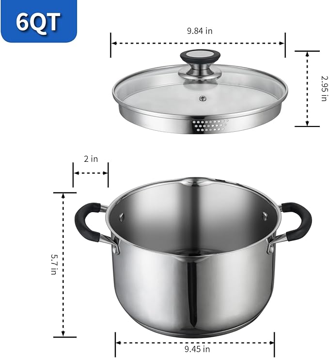 6 Quart Stainless Steel Stock Pot with Strainer Glass Lid,6 Qt Soup Pot Multipurpose Stockpot with
