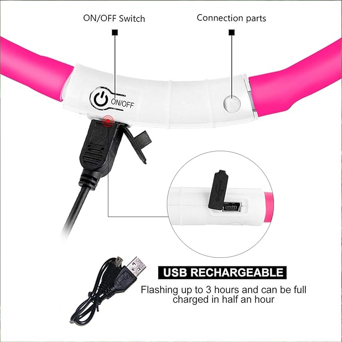LED Dog Collar,USB Rechargeable Glowing Dog Collars, Light Up Collar Improved Pet Safety