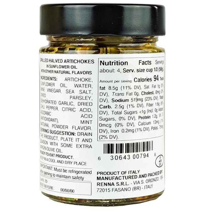 Renna, Grilled Roasted Halved Artichokes preserved in oil, 10.58 oz, Heart, Mediterranean flavor