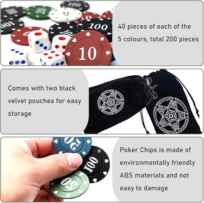 200Pcs Poker Chips, Poker Chips Set with Denominations for Card Board Game, Plastic Game Chips with