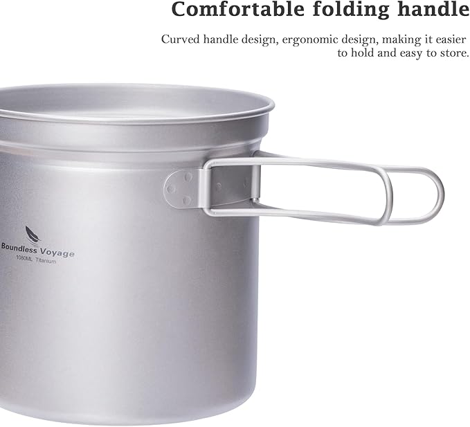 iBasingo Titanium Pot Pan Set with Folding Handle - Ultralight Portable Outdoor Cookware Mess Kit