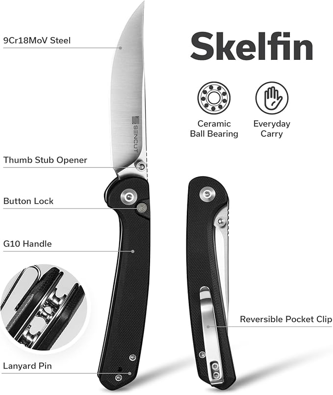 SENCUT Skelfin Pocket Knife for EDC, Folding Knife with 3.3'' Blade & G10 Handle, for Camping