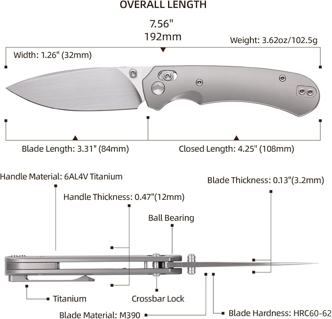 Folding Pocket Knife,3.31” M390 Blade,Erogonomic Titanium Handle,Hunting Survival Knife,EDC Knife