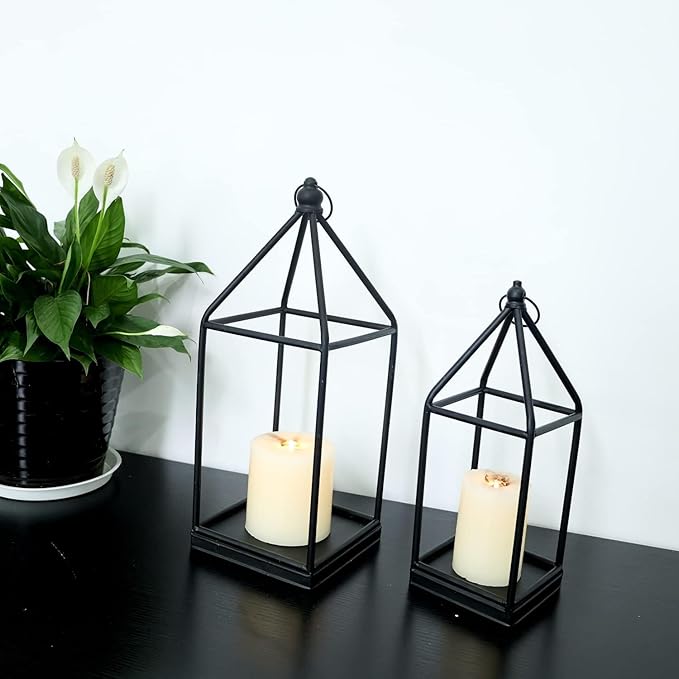 DECORKEY Luxury Lantern Decorative Outdoor&Indoor, Set of 2 (18’’&14’’) Black Metal Lanterns Decor