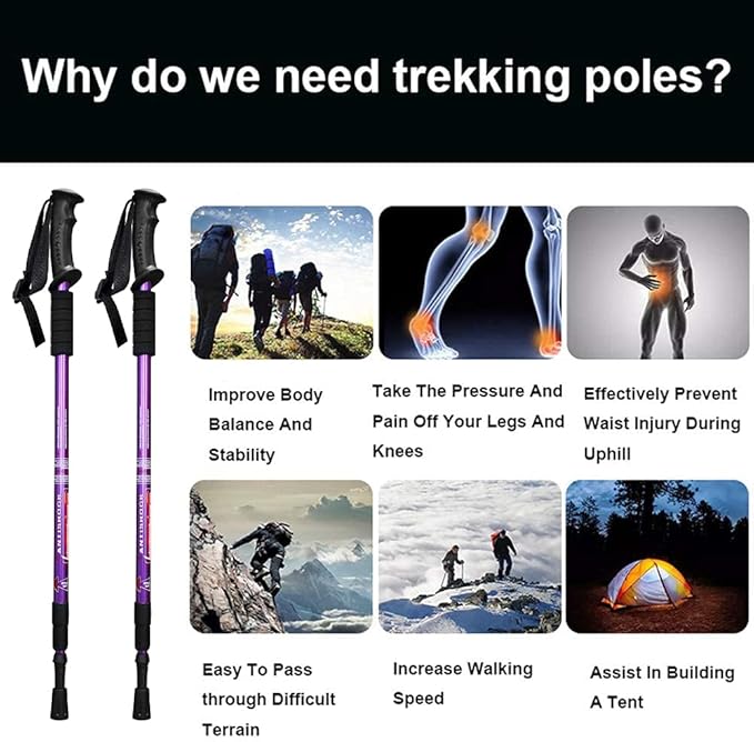 Aihoye Hiking Trekking Poles, 2 Pack Collapsible, Lightweight, Anti Shock, Walking Sticks