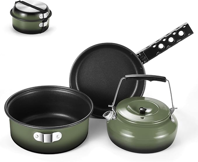 Odoland 5pcs Camping Cookware Non-Stick Camping Pot and Pan Set with Kettle and Removable Handle