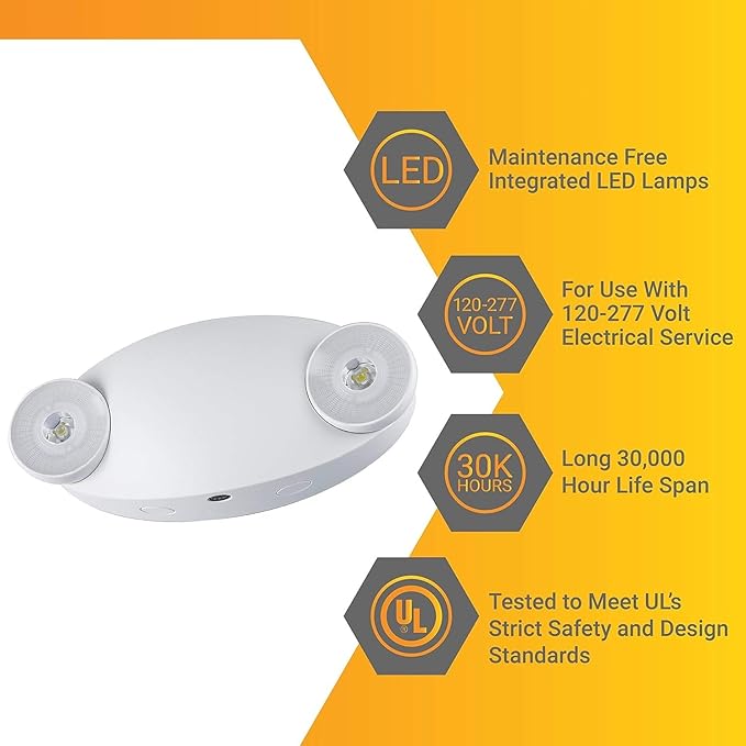 Diodesy- LED Emergency Light Fixture 2 Head Adjustable 90-Min Battery Backup 2W 6500K Daylight