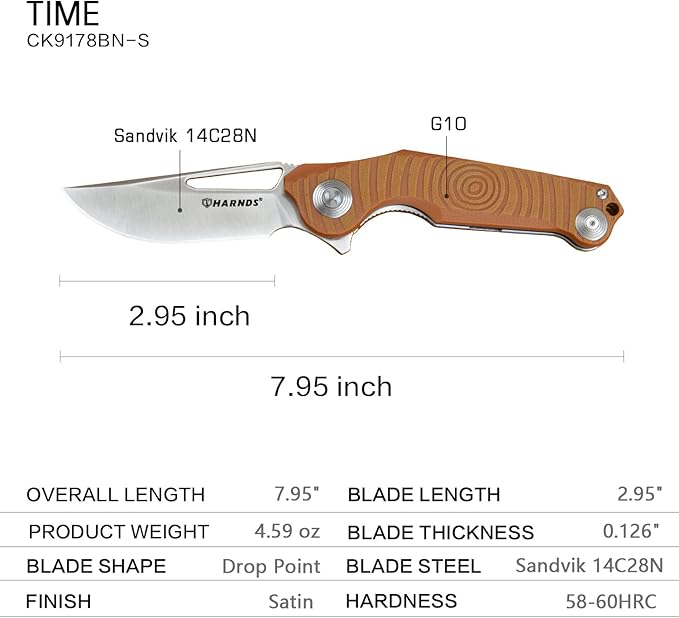 Harnds Time Folding Knife with Sandvik 14C28N Steel Blade Pocket Knife with G10 Handle Camping