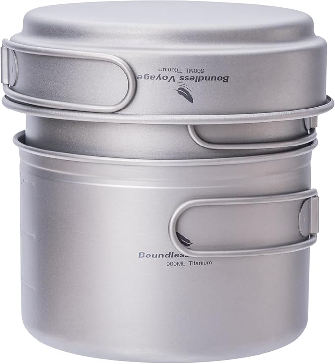 iBasingo Titanium Pot Pan Set with Folding Handle - Ultralight Portable Outdoor Cookware Mess Kit