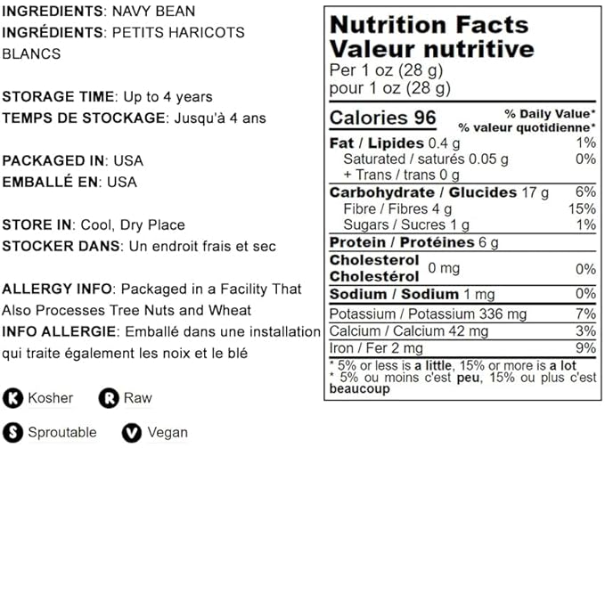 Food to Live Navy Beans, 2 Pounds Raw, Dried, Vegan, Kosher, Whole Small White Kidney Beans in
