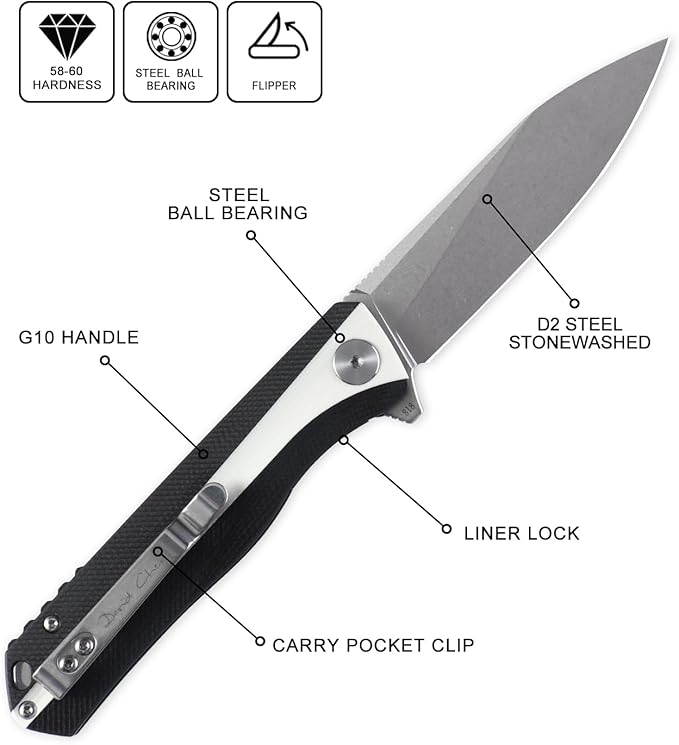 Petrified fish PF818,3.54" D2 Blade,104g G10 Handle Flipper Folding knife (Stonewash, Black and