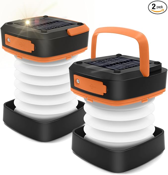 2-Pack Folding Solar Camping Lantern Flashlights, DIBMS Mini Collapsible USB Rechargeable