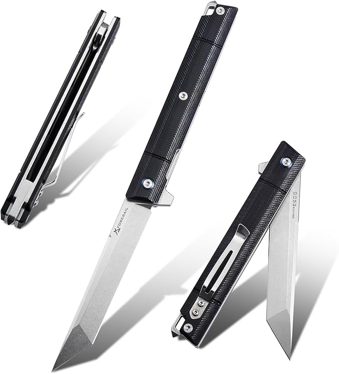 Flipper Pocket Folding Knife,DC53 Steel Blade and G10 Handle. With pocket clip and glass