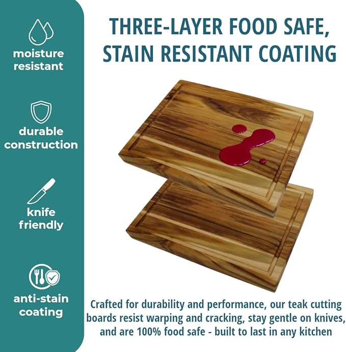 EcoDecors, Teak Cutting Board 14"x10", Reversible Teak Wood Edge Grain Carving Board with Juice