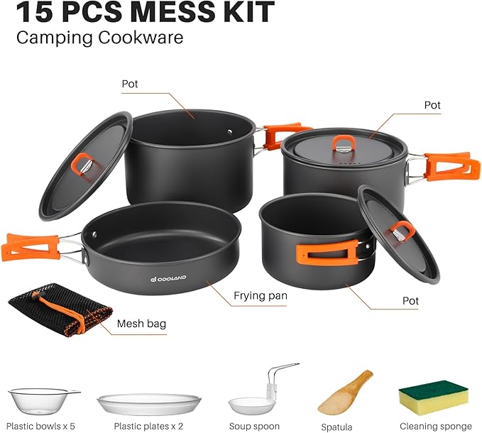 Odoland 15pcs Camping Cookware Non-Stick Lightweight Camping Pots and Pans Set with Plastic Plates