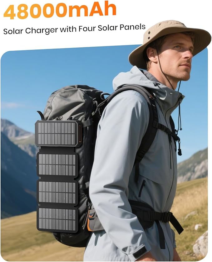 SOARAISE Solar Charger Power Bank - 48000mAh Wireless Portable Charger Built-in 4 Cables and 4
