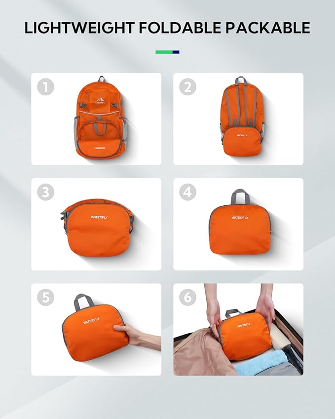 WATERFLY Hiking Foldable Daypack Backpack: 25L Ultra Lightweight Waterproof Day Pack for Woman Man