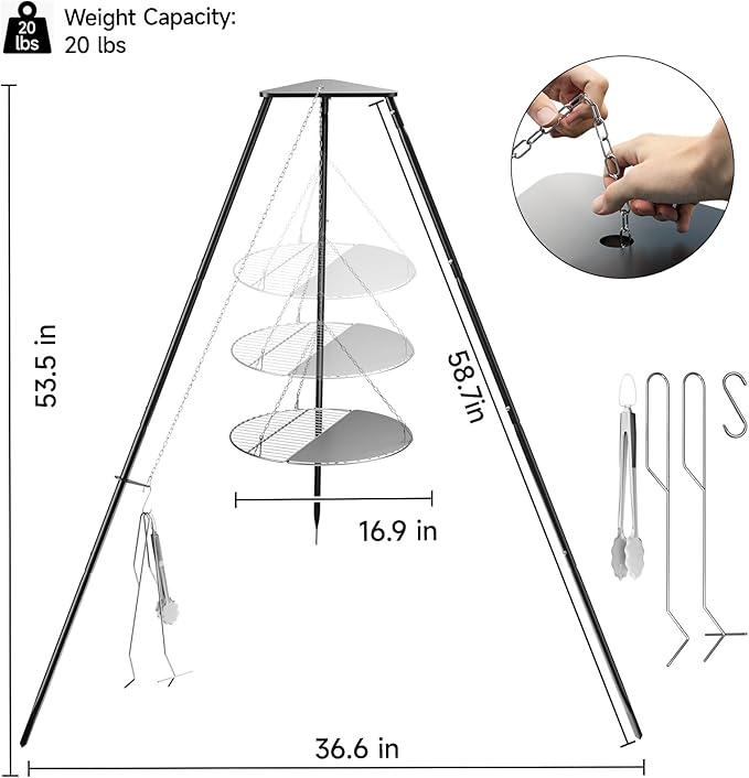 Campfire Tripod for Cooking, Campfire Cooking Equipment, Round Grill Grate with Adjustable Height