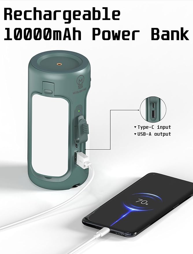 Foldable Camping Light Rechargeable Lantern, 10000mAh, Portable Flashlight, IP54 Waterproof, 1/4"