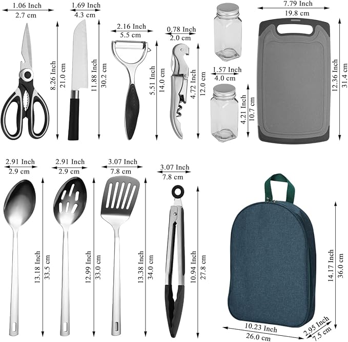 Evanda Camping Kitchen Cooking Utensil Set 10 Piece, Stainless Steel Outdoor Cooking and Grilling