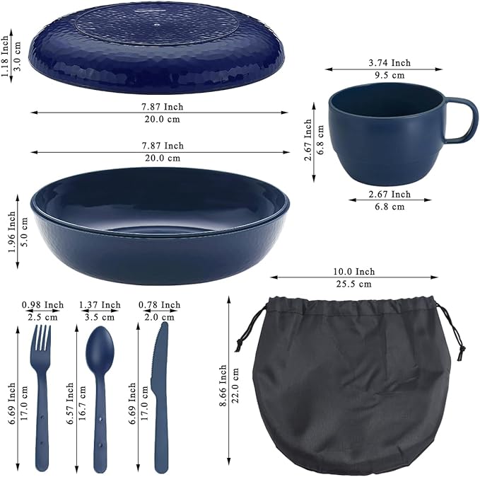 Evanda Camping Mess Kit with Bowl, Plate, Cup, Spoon, Fork, Knife and Carry Bag, Reusable Camping