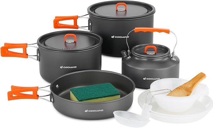 Odoland 15pcs Camping Cookware Non-Stick Lightweight Camping Pots and Pans Set with Kettle Plastic