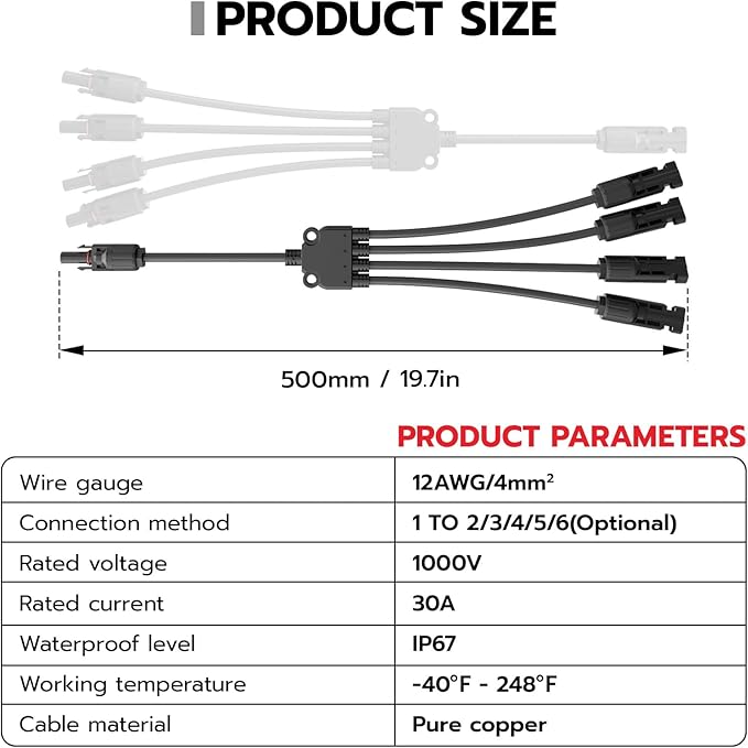 Solar Panel Connectors Y Branch 1 to 4,30A 1000V Solar Parallel Connector for Solar