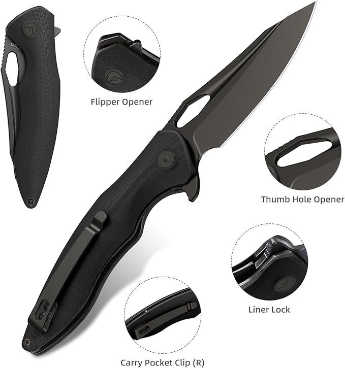 FINTISO Apollo Pocket Knife, 3.3" 14C28N Blade G10 Handle Folding Knife with Liner Lock, Small EDC