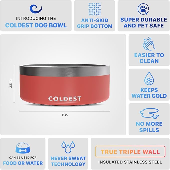 Coldest Dog Bowl - Anti Rust Metal, Non Slip, 3 Layers Insulated Stainless Steel Dog Bowls - Spill