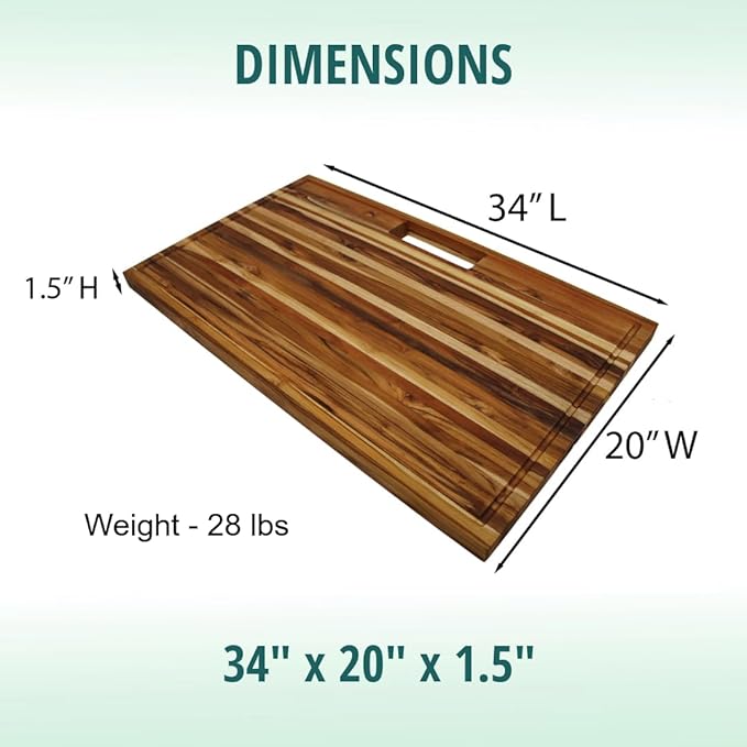 EcoDecors, Teak Edge Grain Cutting Board 34"x20", Extra Large Solid FSC Teakwood Butcher Block with