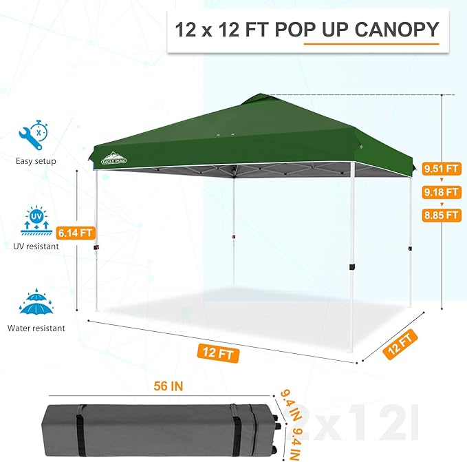 EAGLE PEAK Pop Up Canopy Tent with Wheeled Carry Bag, 8 Stakes, 4 Ropes, 4 Weight Bags, Easy Set Up