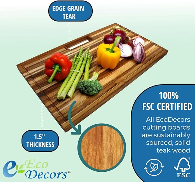 EcoDecors, Teak Edge Grain Cutting Board 34"x20", Extra Large Solid FSC Teakwood Butcher Block with