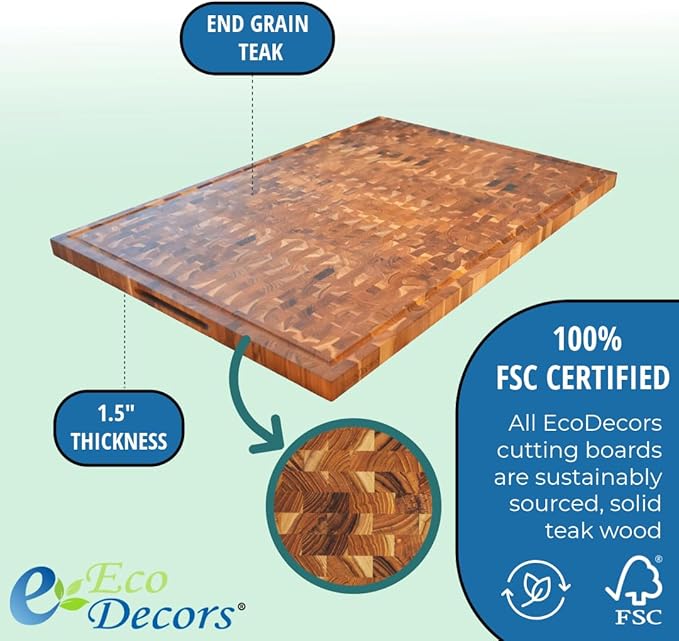 EcoDecors FSC Certified Solid Teak Cutting Board 40x28, XL Reversible End Grain Butcher Block for