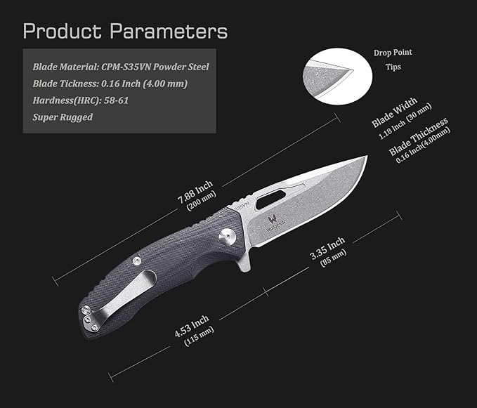 Tactical Folding Knife - CPM S35VN Steel, G10 Handle - Plump Linear Blade Design - Great for