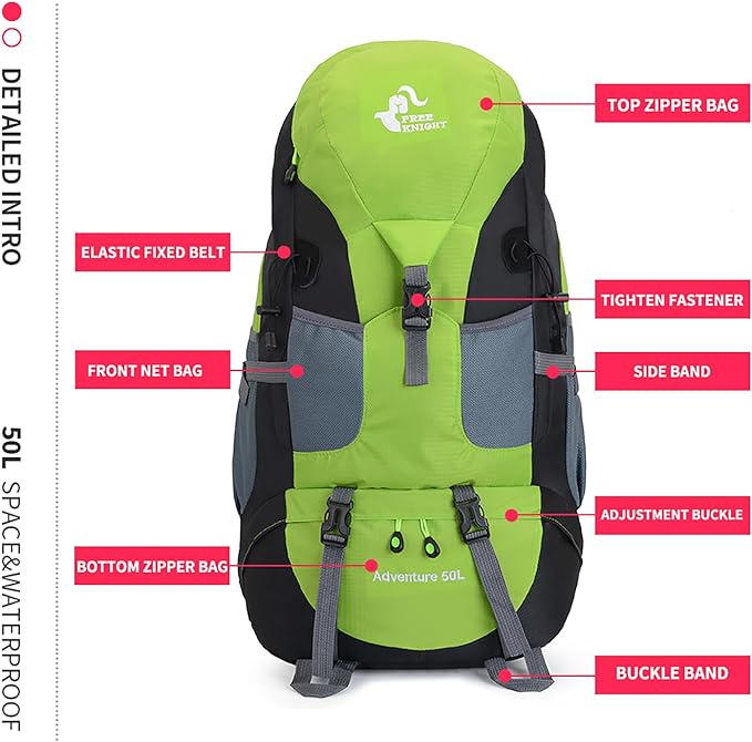 Bseash 50L Hiking Backpack, Water Resistant Lightweight Outdoor Sport Daypack Travel Bag for