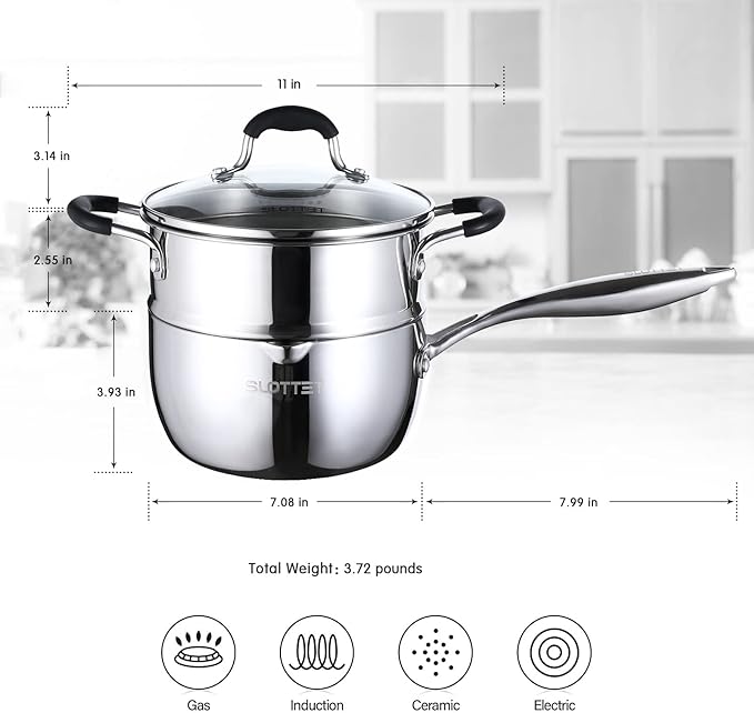Tri-Ply Whole-Clad Stainless Steel Saucepan with Steamer,2.5 Qt Small Multipurpose Pot with Pour