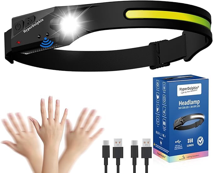 Headlamp Rechargeable, LED Waterproof Headlight for Adults, 230° Headband Light Forehead, USB Head