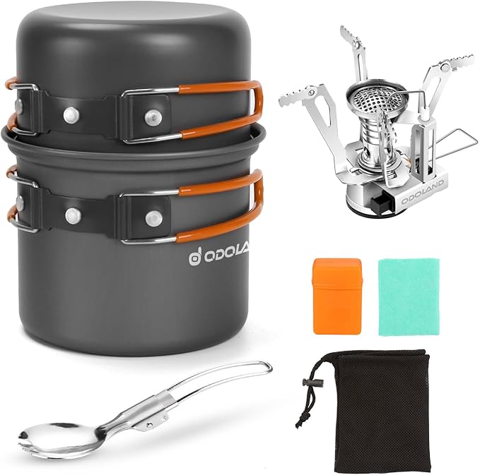 Odoland 6pcs Camping Cookware Mess Kit with Lightweight Pot, Stove, Spork and Carry Mesh Bag, Great