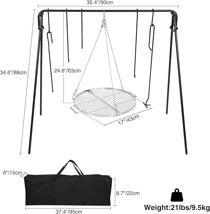 REDCAMP Swing Campfire Grill Stand - Collapsible Campfire Cooking Rack with 6 Hooks & Stainless
