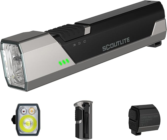 SCOUTLITE Vario MAX 3000 Handheld Flashlight, Rechargeable LED Pocket Light with White, Red and