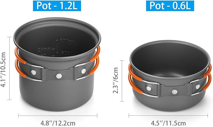 Odoland 6pcs Camping Cookware Mess Kit with Lightweight Pot, Stove, Spork and Carry Mesh Bag, Great