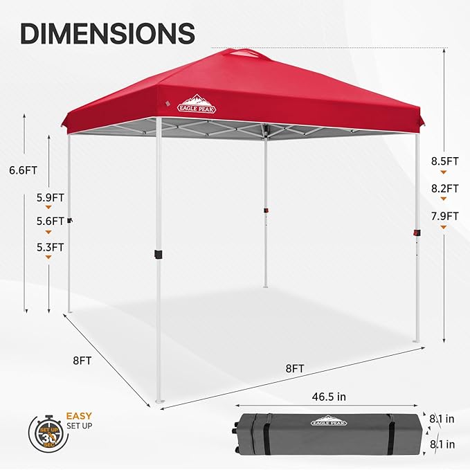EAGLE PEAK Pop Up Canopy Tent with Wheeled Carry Bag, 8 Stakes, 4 Ropes, Easy Set Up Tent Canopy