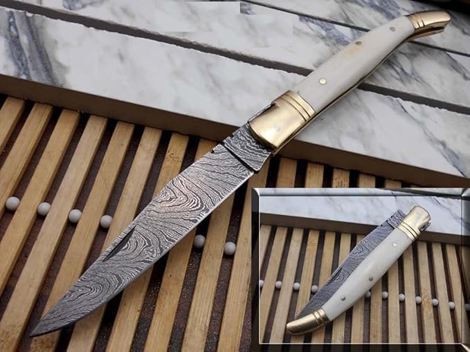 Laguiole Folding Damascus Steel Knife, 8.6" Long with 4.1" Hand Forged Custom Twist patren Blade.