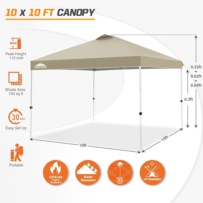 EAGLE PEAK Pop Up Canopy Tent with Wheeled Carry Bag, 8 Stakes, 4 Ropes, 4 Weight Bags, Easy Set Up