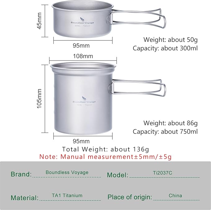 iBasingo Backpacking Cookset Titanium Camping Pots Set Ultralight Outdoor Picnic Pots Pans with